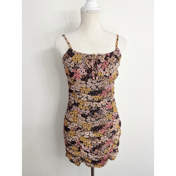 Ultra Flirt Dresses & Skirts - Ultra Flirt Bodycon Mini Dress Small Multicolor Floral Ruched Mesh Tie Front